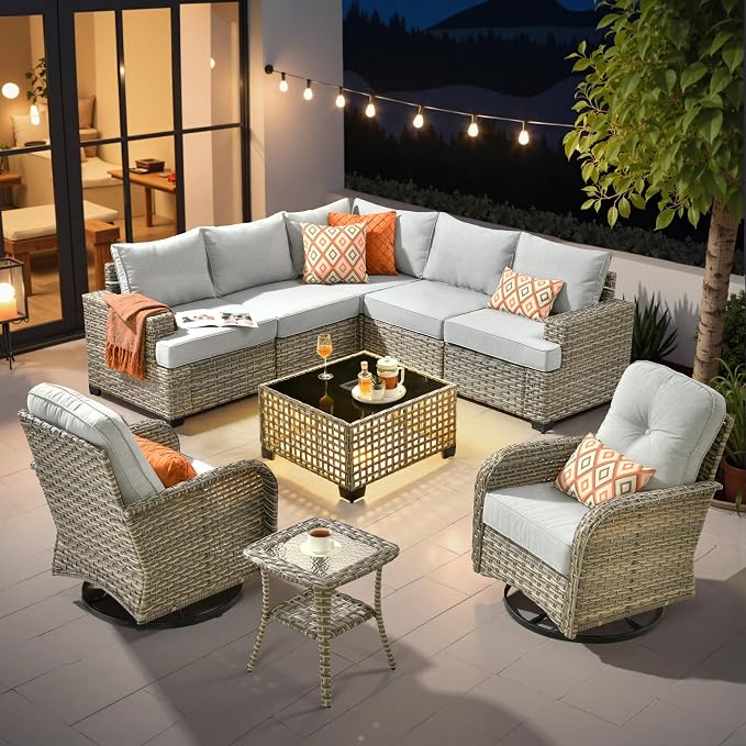 HOOOWOOO Sectional Patio Furniture Set with Swivel Chairs,9 Pieces Wicker Outdoor Furniture L Shaped Couch,Outside Conversation Set with Extra Deep Seat Sofa Wide Arm Solar Light Table,Light Gray