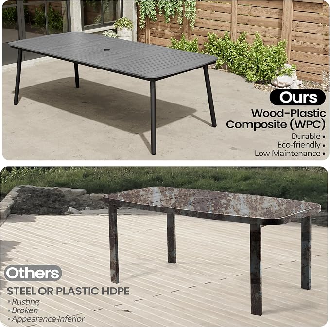 Outdoor Dining Table for 10 Grey 93" Patio Table with Umbrella Hole Rectangle Table with Aluminum Frame and Waterproof Wood-Like Tabletop for Lawn Backyard Garden Poolside