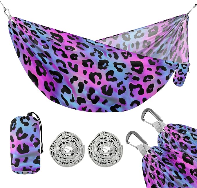 Camping Hammock Outdoor Hammocks for Outside Purple Laser Leopard Cheetah Beach Trees Portable Lightweight with Pockets Tree Straps Indoor