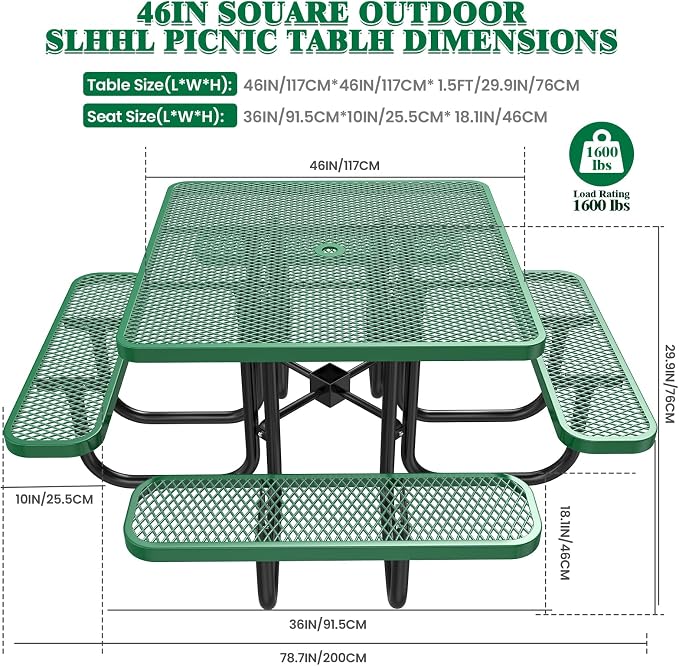 46IN Square Outdoor Picnic Table with Attached Seats, Heavy-Duty Metal Expanded Mesh Patio Table, 1600LBS Load Capacity Commercial-Grade Table for Park, Backyard, Deck, Green