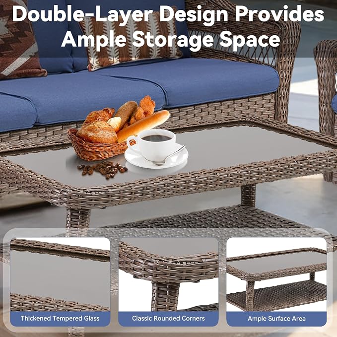Patio Tables Wicker Coffee Table, Outdoor End Table with Storage Shelf, Patio Furniture Coffee Table for Sofa, Swivel Chairs, Garden, Balcony - Square/Grey