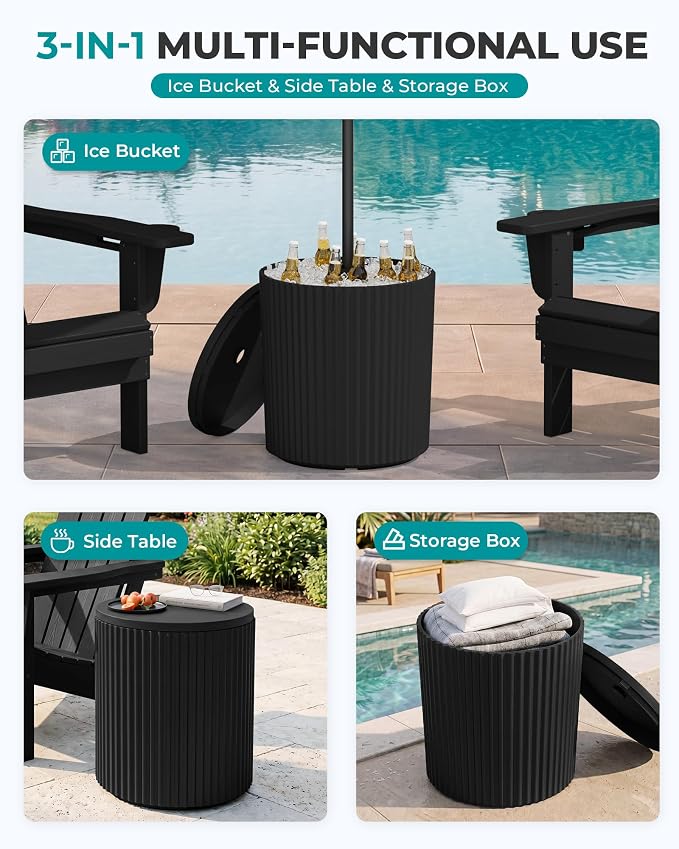 SERWALL Outdoor Round Umbrella Side Table, Outdoor Patio Table with Umbrella Hole for Porch/Patio/Poolside, 3-in-1 Multi-Functional Use, Black
