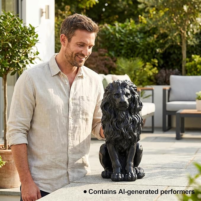 20.5" Black Lion Statue, Resin Outdoor Guardian Sculpture | Weather-Resistant Finish, Simulated Animal Decor, For Villa Garden Park Resort, Home Courtyard