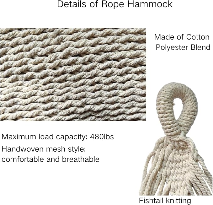 Double Mayan Handwoven Cotton Rope Hammock for Outdoor Indoor Patio Backyard, 79x59 Inch Bed, 480 lbs Capacity, 2 Person (White and tan)