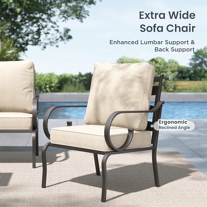 PHI VILLA Patio Furniture Set, 1 Loveseat, 3-Seater Sofa, 2 Fixed Chairs and 1 Coffee Table, Outdoor Metal Conversation Set with 5.75" Extra Thick Cushion for Garden Backyard Deck, Beige