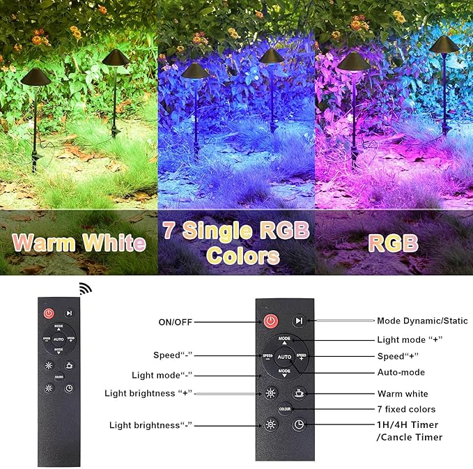 6 Pack Low Voltage Pathway Lights with Remote Timer, Low Voltage Landscape Lighting Warm White + RGB Modes, Outdoor LED Landscape Path Lights for Yard Lawn Backyard Walkway ETL Listed Transformer