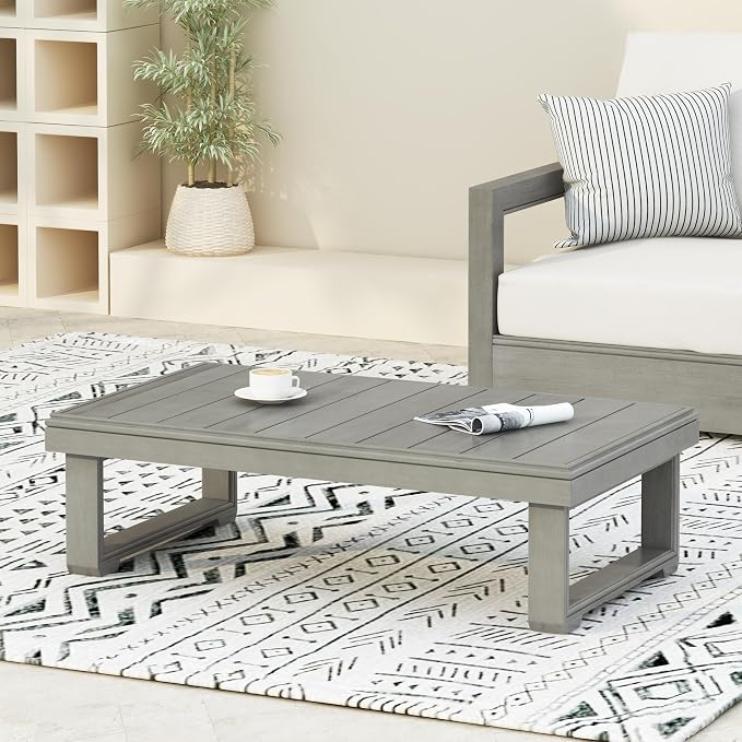Christopher Knight Home Westchester Rectangular Outdoor Coffee Table, Slat Panel Side Table, Acacia Wood Side Desk for Backyard Balcony Garden, Weather Resistant Patio Tea Table, Light Grey