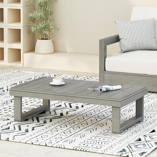 Christopher Knight Home Westchester Rectangular Outdoor Coffee Table, Slat Panel Side Table, Acacia Wood Side Desk for Backyard Balcony Garden, Weather Resistant Patio Tea Table, Light Grey