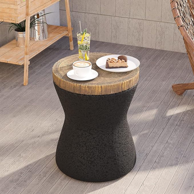 HOMPUS Outdoor Concrete Side Table Sets of 2, 2 Pieces Black Round Patio End Table, Small Outdoor Accent Table, Hourglass Shaped Garden Stool for Patio, Outside, Black