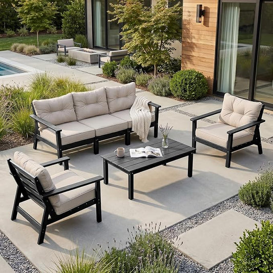 HDPE Patio Conversation Set 5 Seats, Outdoor Furniture Set, Patio Sofa Set | Water-Resistant Thick Cushion, HDPE All Weather, Wood-Grain, No Rot or Rust or Crack, UV Fade Shield, Easy-Clean for Outside