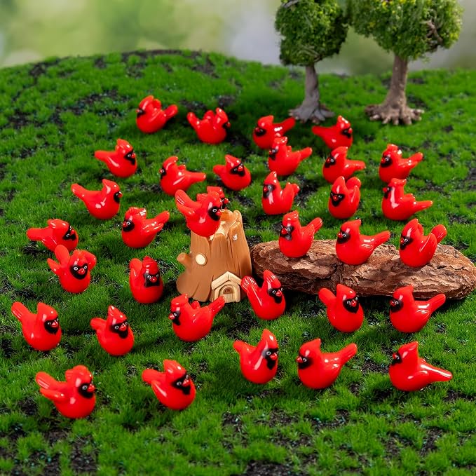 60 PCS 6 Styles Glossy Mini Red Resin Cardinal Bird Figurines, Tiny Bird Miniature Dollhouse Accessories, Bulk Christmas Ornaments for Xmas Gift Mini Garden Cake Topper Decor