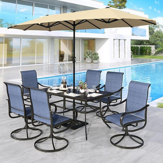 MFSTUDIO Outdoor Dining Set for 6, Patio Furniture Set with Beige Umbrella (Base not Included), Outdoor Rectangle Metal Table and 6 Padded Navy Sling Chairs Set for Patio, Deck, Backyard, Garden
