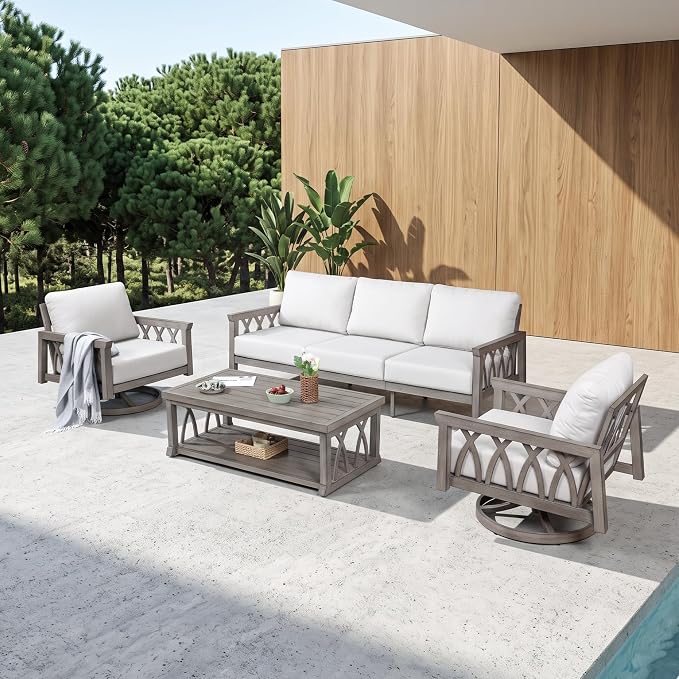Aluminum Outdoor Patio Furniture Set, 4-Piece Patio Conversation Set with Cushions, All Weather Outdoor Sofa Set Patio Sectional Couch Set for Deck, Lawn, Poolside, Backyard, Limed Oak