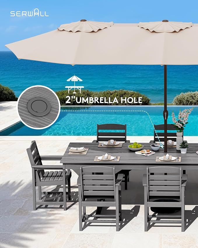 SERWALL 10 Piece Outdoor Dining Set with 15ft Triple-Head Foldable Umbrella(Based not Included), 84" HDPE Outdoor Table and Chairs for 8, Gray