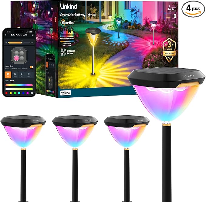 Linkind Smart Solar Pathway Lights SP6,Pattern Switch Solar Lights Outdoor | USB&Solar Charging, Cool/Warm White/Color Changing Landscape Lighting for Yard,Garden,Patio, 4 Pack