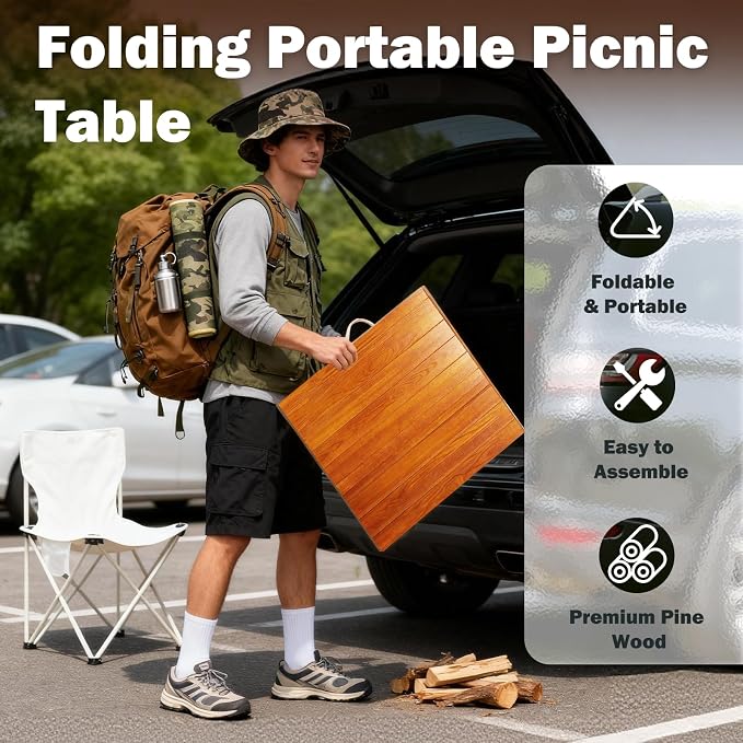 60x30in Boho Wooden Foldable Picnic Table, Portable Outdoor Low Table for Sitting On The Floor with Legs,for 6-8 People,Ideal for Camping, Garden,Party,Picnics & Parties,Logcolor (Brown)