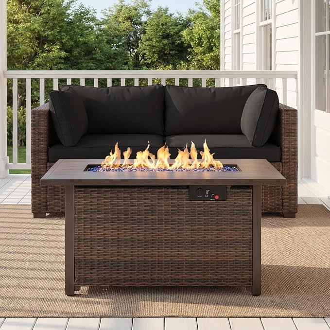 3 Pieces Patio Furniture Set Fire Pit Table, Outdoor PE Rattan Sectional Sofa with Soft Cushions for Backyard, Porch, and Poolside (Black, 3 PCS w/Firepit)
