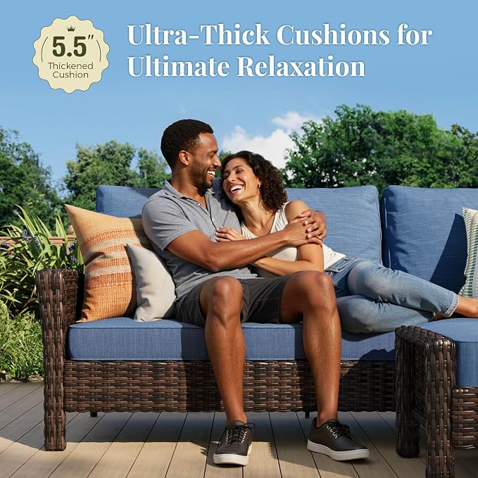 MIXPATIO 5-Piece Wicker Patio Furniture Set with Swivel Chairs, High Back Outdoor Furniture with 5.5-inch Thick Cushion and Ottoman, All-Weather Wicker Patio Conversation Set for Deck Lawn, Navy Blue