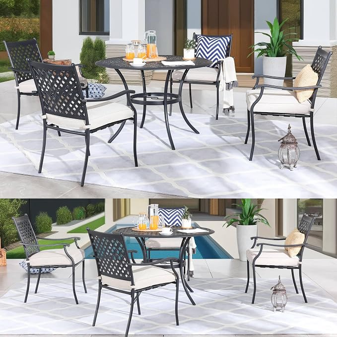 5-Piece Patio Dining Set Heavy Duty Outdoor Dining Furniture Set,Indoor Outdoor Dining Sets with Round Tabletop,4 Stackable Chairs