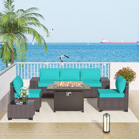 Patio Furniture Set 7 Pieces Outdoor Furniture Patio Conversation Set w/43in Aluminum Gas Fire Pit,PE Rattan Wicker 7 Pcs Outdoor Sofa Set w/55000 BTU Propane Fire Pit Table,Blue