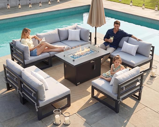 BULEXYARD 9 Piece Oversized Modular Outdoor Furniture Set with Fire Pit Table, 29" Deep Wide Sectional Seating, Heavy Duty Aluminum Frame for 500 lbs, Patio Conversation Set for Poolside, Light Gray