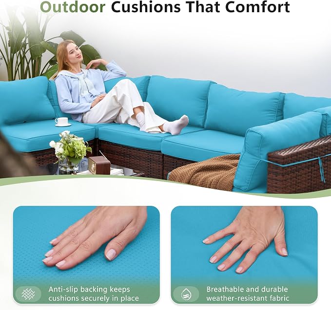 Amopatio Patio Furniture Sets with Waterproof Cover 7 Pieces Patio Conversation Set Outdoor Sectional Wicker Rattan Sofa,Patio Furniture with Pillows Fits Porch Garden Backyard Balcony(Sky-Blue)