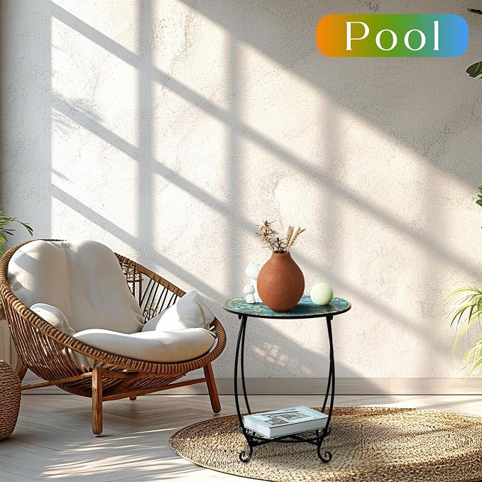 Cinnvoice Outdoor Side Table Round Small Mosaic Patio Accent Indoor End Plant Coffee Tea Table for Yard Patio Porch Garden Living Room, Bedroom(Butterfly Style,18 Inch)