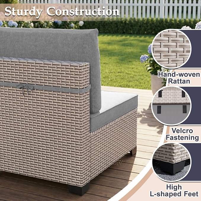 Patio Furniture Set, 10-Piece Outdoor Sectional Sofa with 60,000 BTU Fire Pit Table & Ottomans, Wicker Patio Conversation Set with Coffee Table, Gray Cushions