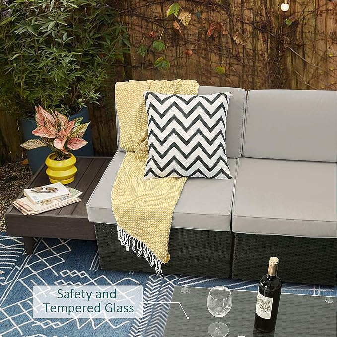VITESSE Patio Furniture Sets All Weather Outdoor Sectional Sofa Manual Weaving Wicker Rattan Patio Conversation Set with Cushion and Glass Table (7 Pieces, Beige)