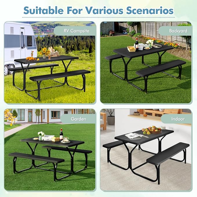MEDIMALL Picnic Table, Portable Bench Set with Plastic Top & Metal Frame, All-Weather Large Camping Table for Outdoors, Backyard, Garden (Black)