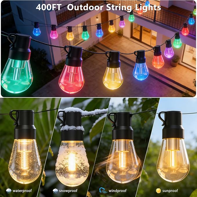 LETIANPAI 400FT RGB+IC Outdoor String Lights, IP67 Waterproof LED Color Changing Clear Bulb String Lights with App & Remote Control, Shatterproof Hanging Patio Lights for Backyard Garden Party