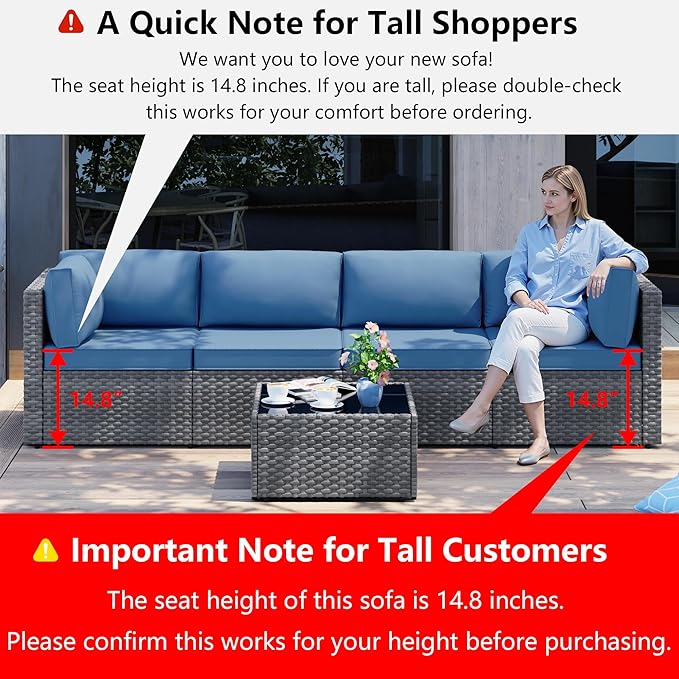 Shintenchi 5 Pieces Outdoor Patio Furniture Sets, Patio Sectional Sofa Couch, Gray PE Wicker Furniture Modular Patio Conversation Sets Patio Sofa with Washable Cushions & Table（Aegean Blue）