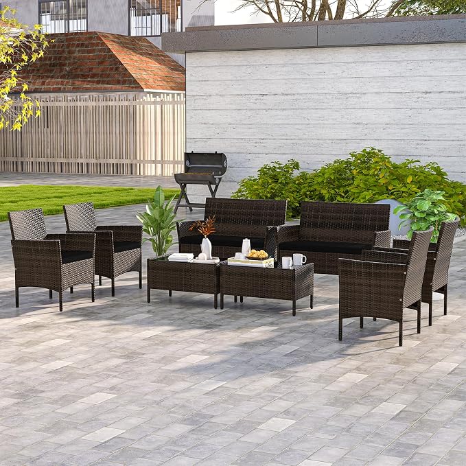 4 Piece Patio Furniture Set, Sectional Conversation Sofa Set with Glass Coffee Table, Cushions & Loveseat, Wicker Outdoor Table and Chairs for Pool, Garden, Deck, Backyard (2, Black)