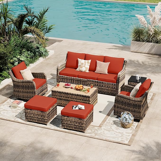 MEISSALIVVE 7 Pieces Patio Furniture Set with Swivel Chair, Outdoor Patio Conversation Set, Patio Sectional Furniture Set with 2 Swivel Rocker Patio Chair and Sofa, 2 Ottomans and Coffee Table (Red)