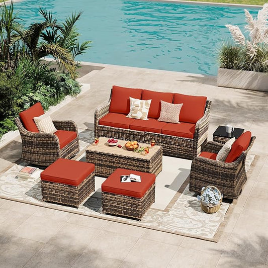 MEISSALIVVE 7 Pieces Patio Furniture Set with Swivel Chair, Outdoor Patio Conversation Set, Patio Sectional Furniture Set with 2 Swivel Rocker Patio Chair and Sofa, 2 Ottomans and Coffee Table (Red)