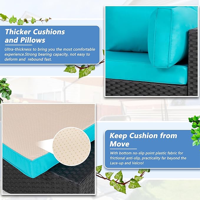 5 Piece Outdoor Patio Furniture Set,Black PE Rattan Wicker Sectional Sofa, All Weather Conversation Set with Washable Cushions & Glass Coffee Table for Backyard Poolside Garden Porch,Blue