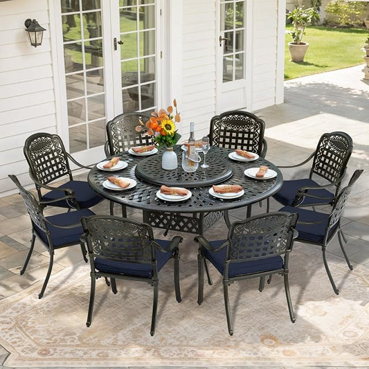 9-Piece Patio Furniture Dining Set, All Weather Cast Aluminum Outdoor Conversation Set- 61" Round Patio Dining Table with Detachable Lazy Susan & 8 Chairs, 2" Umbrella Hole, Navy Blue