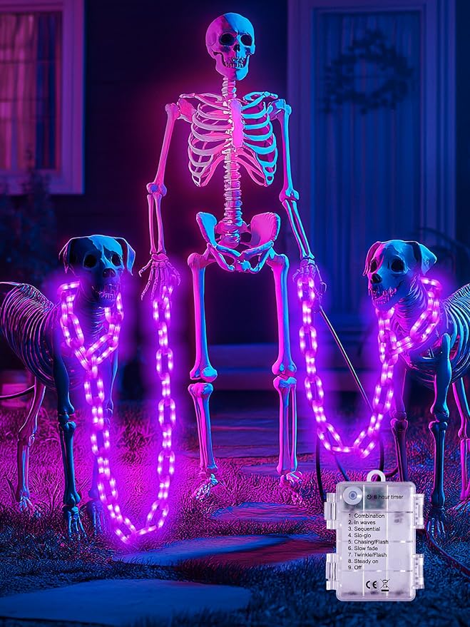 Battery Halloween Chain Lights, 10 FT 160 LED Purple Light-Up Plastic Timer | 8 Modes Battery Operated with Memory for Skeleton Dog, Yard Skeleton, Haunted House and Outdoor Decor Halloween Decorations