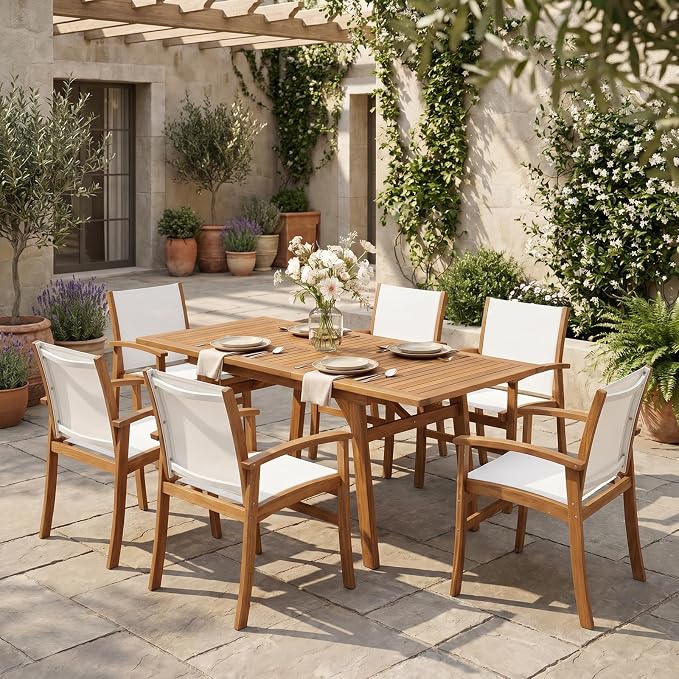 SUNSITT 7-Piece Outdoor Patio Dining Set, 55" - 71" Acacia Wood Expandable Table & 6 Breathable Textilene Mesh Chairs, All-Weather Patio Furniture w/Umbrella Hole for Backyard, Deck, Garden, White