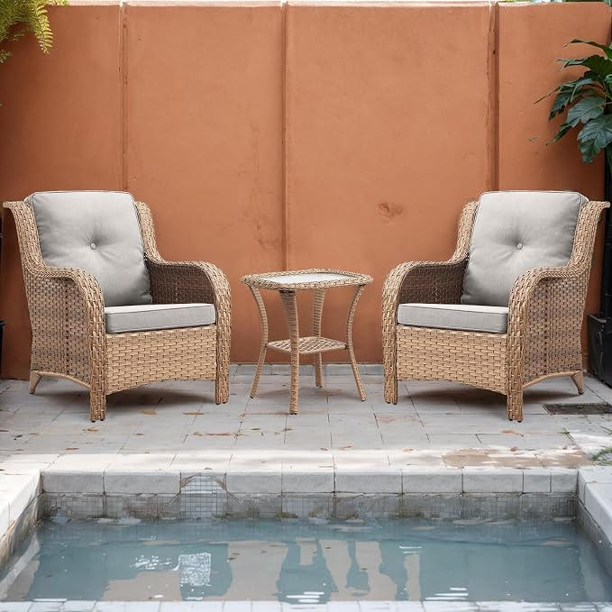 Rilyson Patio Furniture Chairs Outdoor Chair - 2 Piece Wicker Rattan Chairs Set with High Back and Deep Seating for Deck Porch Balcony Backyard Garden(Yellow/Beige)