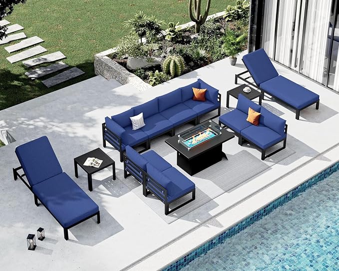 NICESOUL 13 Piece Large Contemporary Aluminum Outdoor Furniture Set with Chaise Lounge & Fire Pit Table, 29" Deep Couch Set, 500 lbs High Weight Capacity Patio Sectional Sofa for Poolside, Navy Blue