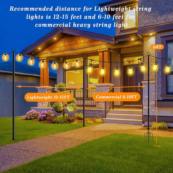 Mutovlin 6 Pack String Light Poles,10 Ft Light Poles for Outside String Lights,Outdoor Lights Pole with Fork,Metal Poles Stand for Patio Deck Backyard