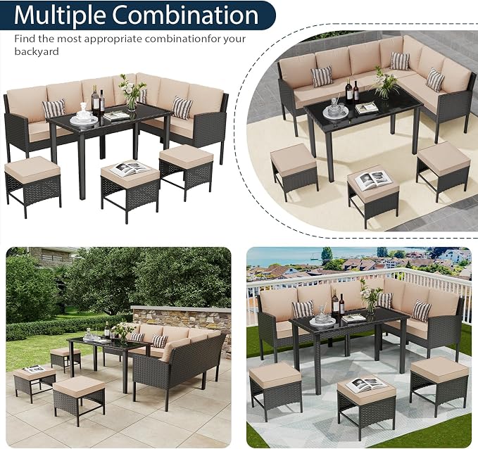 7-Piece Outdoor Patio Furniture Set, Wicker Sectional Sofa with Seat & Back Cushions & 3 Pillows, All-Weather Conversation Set with Long Glass Coffee Table for Garden, Porch, Lawn, Khaki