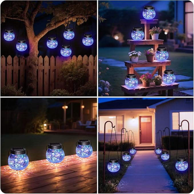 kolpop 2 Pack Solar Lantern Outdoor Lights, Multi-Coloured Solars Lanterns with 30 LED, Crackle Glass Ball Waterproof Hanging Solar Lights for Garden Decor Patio Fence Yard Christmas Tree Decoration