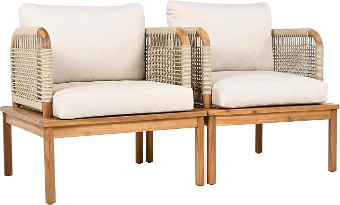 JIVOIT Outdoor Armchair Set of 2, Acacia Wood and Rope Club Chair with Cushions, Mid Century Design Comfortable Single Armchair for Backyard Porch Garden Balcony