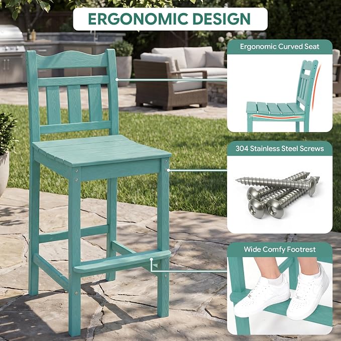 3-Piece Outdoor Bar Set, HDPE Adirondack Bar Height Chairs Set of 2 and Round Bar Table, All Weather Patio Bar Set Outdoor Bar Stools Set for Balcony, Poolside, Backyard (Aruba Blue)