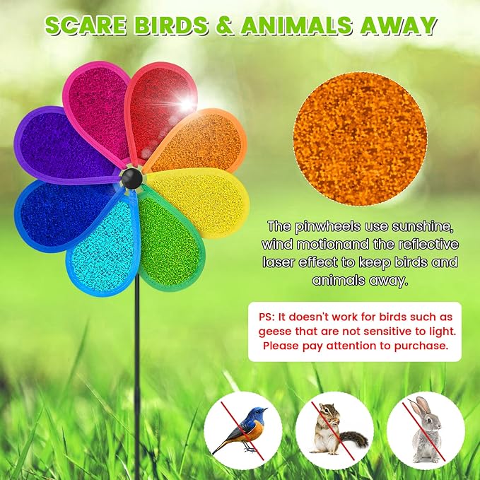 4 PCS 11.4" W x 28" H Reflective Pinwheels Sparkly Lawn Wind Spinners Colorful Rainbow Windmill for Garden Decoration Bird Devices Deterrent to Scare Birds Away（Multicolor）