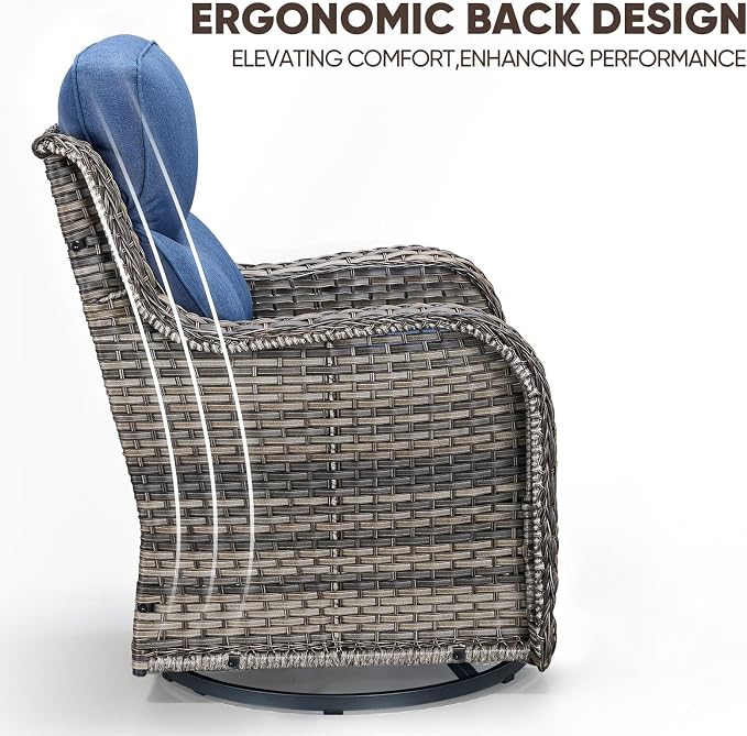 Swivel Patio Chairs Sofa Set of 5 with 6" Thick Cushion - Wicker Outdoor Swivel Rocker Patio Chair with Side Table, High Back Comfortable Outdoor Glider Chairs - Grey Wicker | Blue Cushions