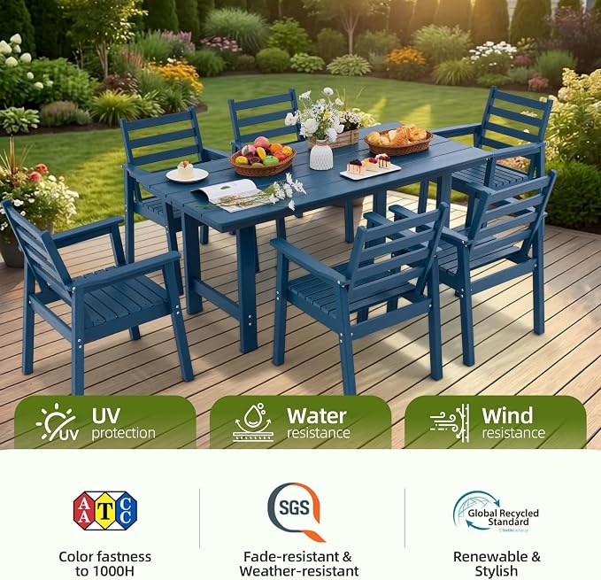 10-Piece Outdoor Dining Set, All-Weather HDPE Patio Furniture, Two 66.5" Slatted Table with 1.6" Umbrella Hole & 8 Ergonomic Armchairs, Heavy Duty 350lbs Capacity, UV Resistant, Blue
