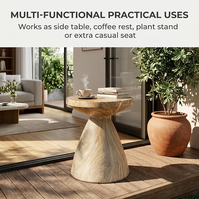 18 x 21 Inch Sculptural Round Outdoor Side Table for Patio, Weather-Resistant Faux Terrazzo Garden Stool, Modern Patio Accent Table for Indoor and Outdoor Use, Drum End Tables, Marble Color